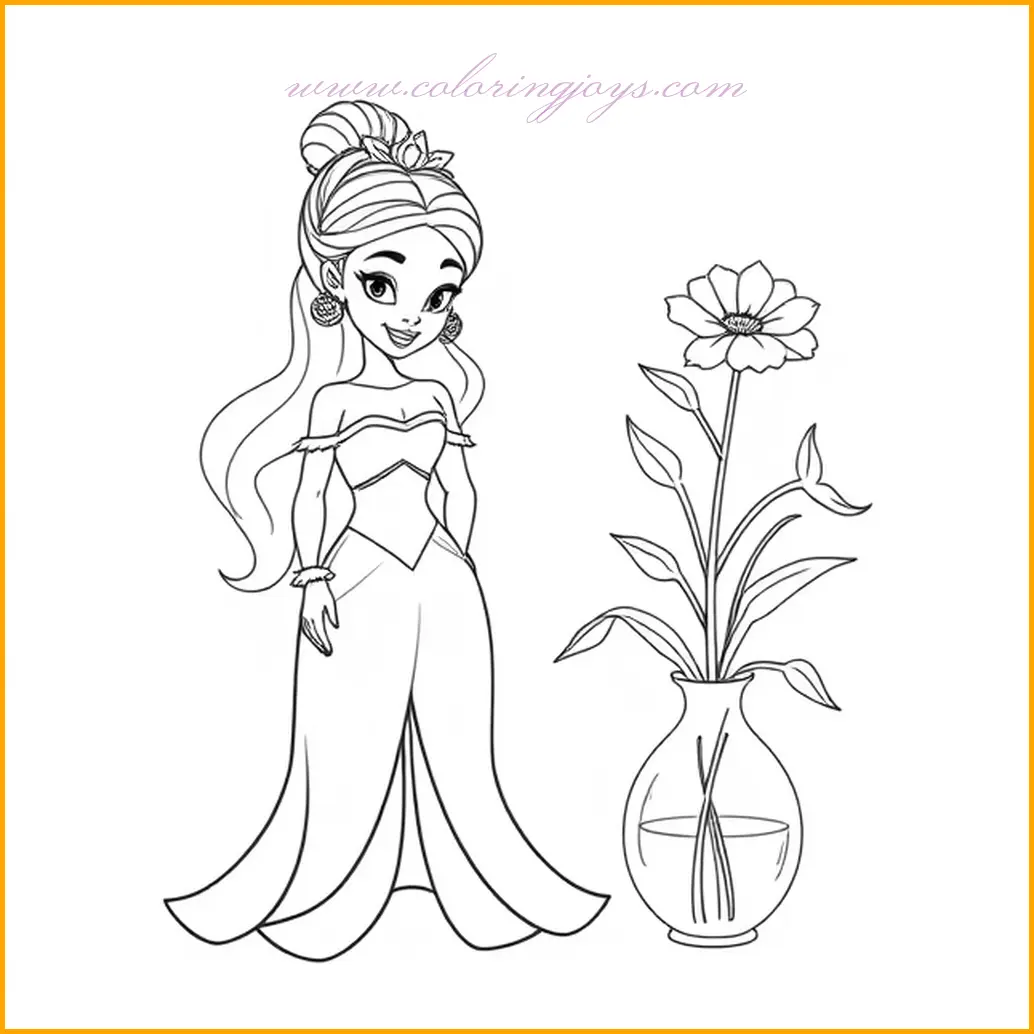 In this delightful image, Princess Tiana is depicted holding a beautiful flower vase, showcasing her charm and grace. The scene is full of elegance and color, with the vase featuring vibrant blossoms that are perfect for coloring. When coloring this image, focus on the soft, flowing shades of Tiana’s dress, opting for light greens, yellows, or pastels to complement the vase’s rich floral colors. For the flowers, bright hues like red, yellow, or purple will bring the scene to life. The background should be subtle, allowing the princess and her vase to shine as the focal points. Pay attention to the details of the vase and the intricate patterns on the dress for a more detailed, polished look.