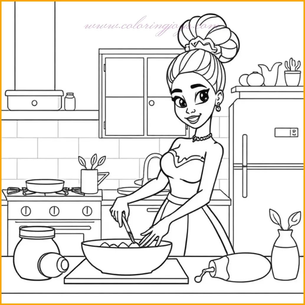 In this image, Princess Tiana is busy cooking in her kitchen, showing her love for food and family. The scene includes various kitchen elements like a pot, stove, and wooden utensils, which can be colored in earthy tones like browns and grays. For Tiana’s outfit, soft colors such as pale green, light blue, or lavender will look beautiful. As you color, try to bring out the textures in the kitchen, like the smoothness of the countertops and the warmth of the wooden kitchenware. Experiment with light and dark shades to make the utensils and the food she’s preparing stand out.