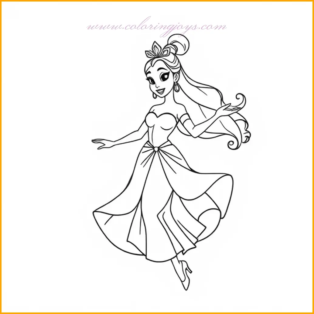 Princess Tiana is captured mid-dance, her flowing dress swirling around her as she moves gracefully. The dress provides an opportunity for a vibrant palette, with shades of pink, lilac, or gold enhancing the motion. The background can feature a soft spotlight effect or a blurred ballroom scene to emphasize the elegance of her movement. Add intricate shading to her dress folds to create a dynamic effect and bring the entire scene to life.