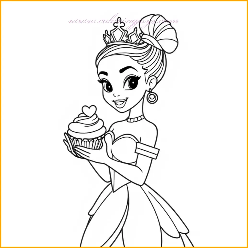 This image features Princess Tiana holding a beautifully decorated cupcake. Use pastel tones like pink, light blue, or yellow for the cupcake’s icing, and add small colorful sprinkles for extra detail. Tiana’s dress can be colored in shades of emerald or deep purple to create a regal effect. Focus on shading the cupcake wrapper and Tiana’s hand to give a realistic touch. Keep the background minimal, such as a light gradient, so the focus remains on the cupcake and Tiana’s warm smile.