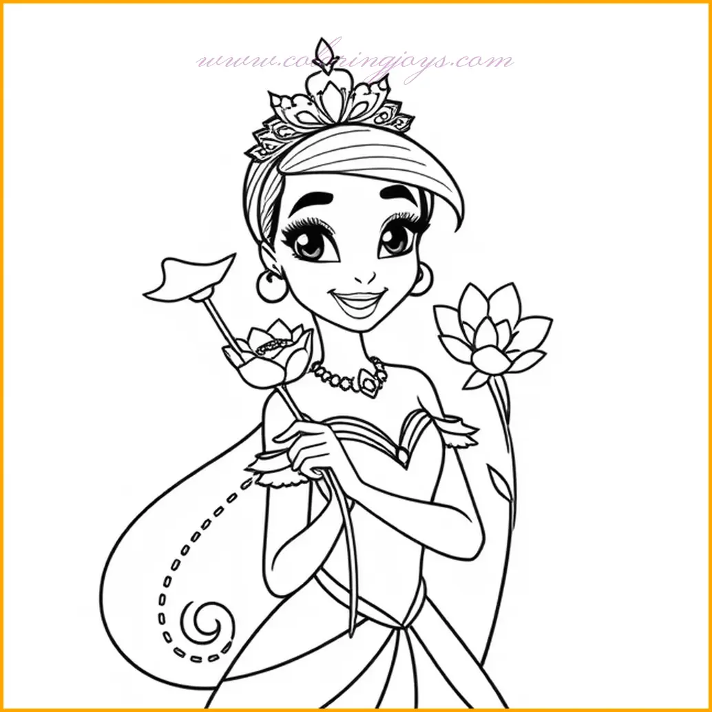 Princess Tiana holds a delicate flower in her hand, symbolizing beauty and grace. The flower can be colored in bright hues like red, pink, or orange to stand out against the subtle tones of her dress. Opt for shades like mint green, lavender, or soft peach for her dress to highlight her elegance. Add intricate detailing to the petals and stem to bring out the flower’s natural beauty. For the background, a soft garden scene or pastel gradient can enhance the serene feel of the image.