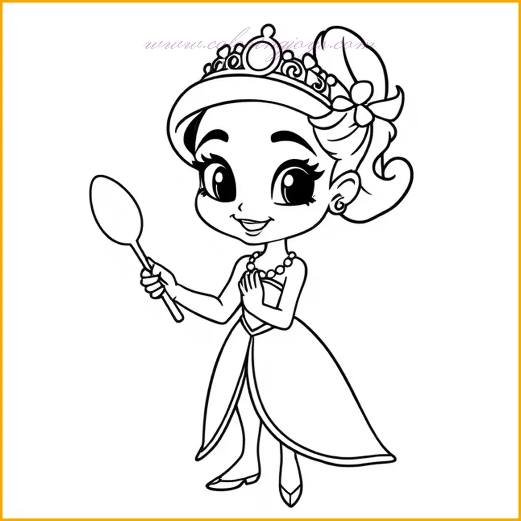 Princess Tiana is shown holding a shimmering magic spoon, ready to whip up something enchanting. This image invites vibrant coloring, with the spoon glowing in golden or silvery tones to highlight its magical aura. For Tiana’s outfit, consider shades like royal blue, emerald green, or lavender to emphasize her regal elegance. The background can feature a mystical kitchen with soft, glowing hues, adding an otherworldly charm. Focus on the textures of the spoon and the subtle glow surrounding it, ensuring the magic is the centerpiece of this enchanting scene.