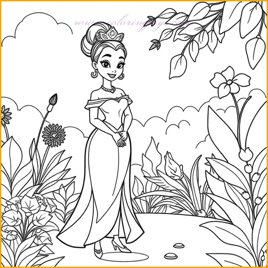 Princess Tiana stands elegantly in a lush garden, surrounded by blooming flowers and greenery. The garden offers an array of colors, from deep greens for the foliage to bright reds, yellows, and purples for the flowers. Her dress can be colored in shades like emerald, gold, or sky blue to blend beautifully with the natural backdrop. Focus on the intricate patterns of the flowers and the flowing folds of her dress. Add gentle highlights and shadows to give depth to the scene, emphasizing the tranquility and beauty of this garden moment.