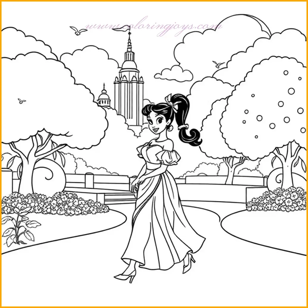 Princess Tiana takes a serene stroll through a park, with trees and flowers lining the path. The park scenery offers endless possibilities for coloring, with vibrant greens for the trees, colorful blossoms, and a golden path. For Tiana’s attire, consider soft pastel shades like lilac, blush pink, or baby blue to reflect the calm ambiance. Add subtle shading to the trees and flowers to create depth and a realistic effect. Use soft gradients for the sky to enhance the peaceful atmosphere, ensuring Tiana remains the radiant focal point of the image.
