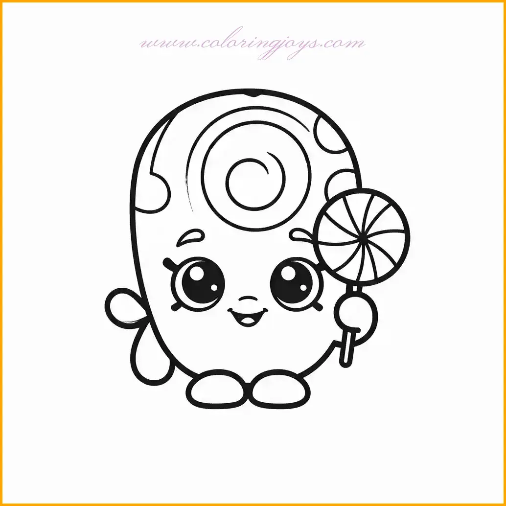 Sweeten your coloring time with this delightful Shopkin holding a swirly lollipop. The Shopkin’s joyful smile and the lollipop’s intricate details are perfect for adding a rainbow of colors. Start by coloring the Shopkin’s body in your favorite vibrant shades, like orange, teal, or pink. The lollipop can feature a mix of red, yellow, and green stripes, creating a playful candy design. Encourage creativity by adding a festive background, such as confetti or a candy shop. This coloring page is a fantastic choice for kids who love sweets and enjoy artistic challenges.