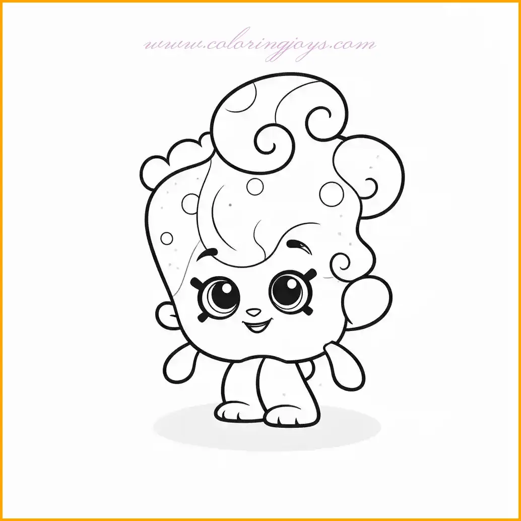 This charming Shopkin stands confidently, radiating happiness with its bright smile. Use bold, cheerful colors like purple, orange, or lime green for the Shopkin, adding contrast to its adorable details. Create a fun background scene, such as a vibrant shopping mall or a garden filled with flowers, to enhance the image. This Shopkin coloring page is perfect for children who love to create colorful, happy characters, making it an engaging and enjoyable activity.
