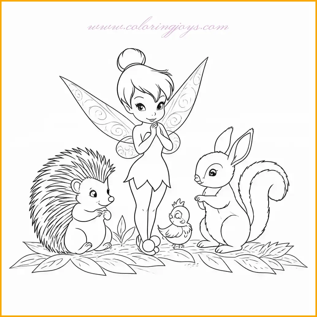 This charming illustration features Tinkerbell sitting gracefully among a group of tiny woodland creatures, including a rabbit, a squirrel, and a few cheerful birds. The scene captures a serene forest setting with lush greenery and blooming flowers surrounding the characters. Children can bring this magical world to life by coloring Tinkerbell’s iconic green dress in vibrant shades, her wings in a sparkling light blue, and her golden hair shining under the soft forest light. For the woodland creatures, use warm browns and grays, while the background can be filled with lively greens and colorful wildflowers to complete the enchanting scene.