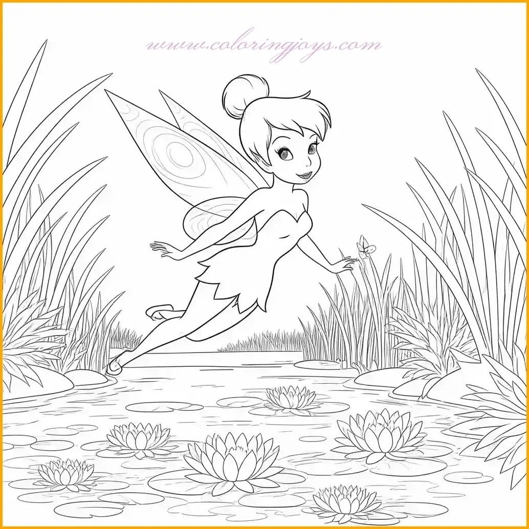 This delightful illustration depicts Tinkerbell gracefully flying above a tranquil pond filled with delicate water lilies. Her pose captures her playful spirit, with her sparkling wings trailing pixie dust. Children can use light greens for her dress, soft yellows for her hair, and shimmering blues for her wings. The pond can be shaded in gentle blues and greens, with pinks and whites for the lily flowers. For added creativity, they can color the sky in a soothing sunset hue, creating a serene atmosphere for this magical moment.