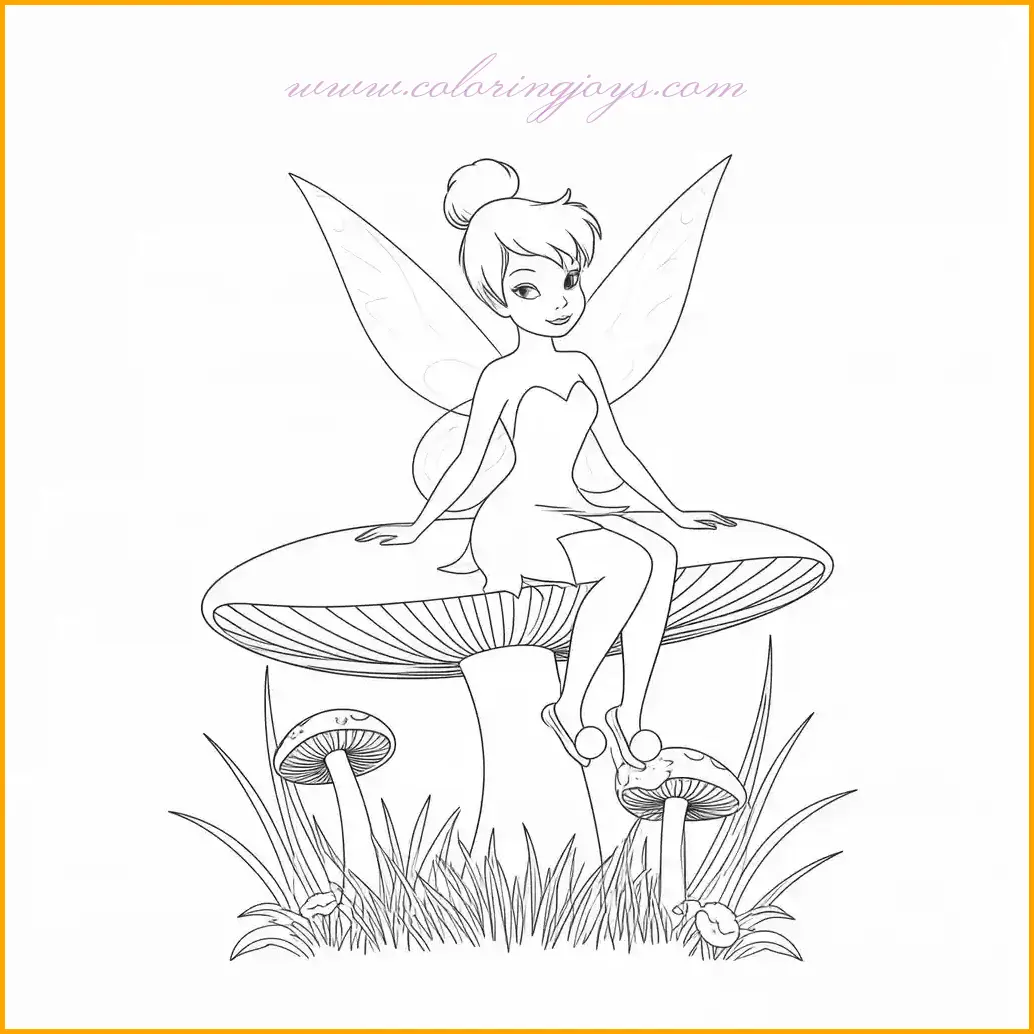 This whimsical illustration captures Tinkerbell sitting atop a spotted mushroom, her wings elegantly spread behind her. The mushroom is surrounded by tall grass and tiny woodland flowers, making it a lively forest setting. For Tinkerbell, use vibrant green for her dress, soft yellow for her hair, and sparkling blue for her wings. The mushroom can feature a bright red cap with white spots and a beige stem. Add soft greens and colorful flowers to the background for a complete "coloring book Tinkerbell" masterpiece.