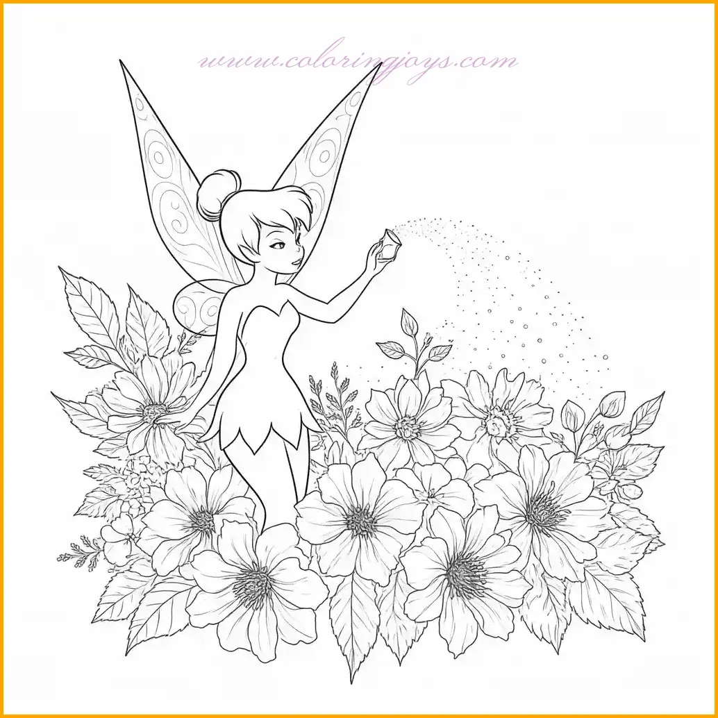 This delightful artwork shows Tinkerbell gracefully sprinkling pixie dust over a cluster of vibrant flowers. Her glowing wings and joyful expression highlight her magical nature. Color her dress in her signature green and her wings in a shimmering blend of light blue and silver. The flowers can be painted in bright reds, yellows, and pinks, while the pixie dust sparkles in gold or pastel hues. Add soft greens to the foliage to enhance this magical "coloring book Tinkerbell" scene.