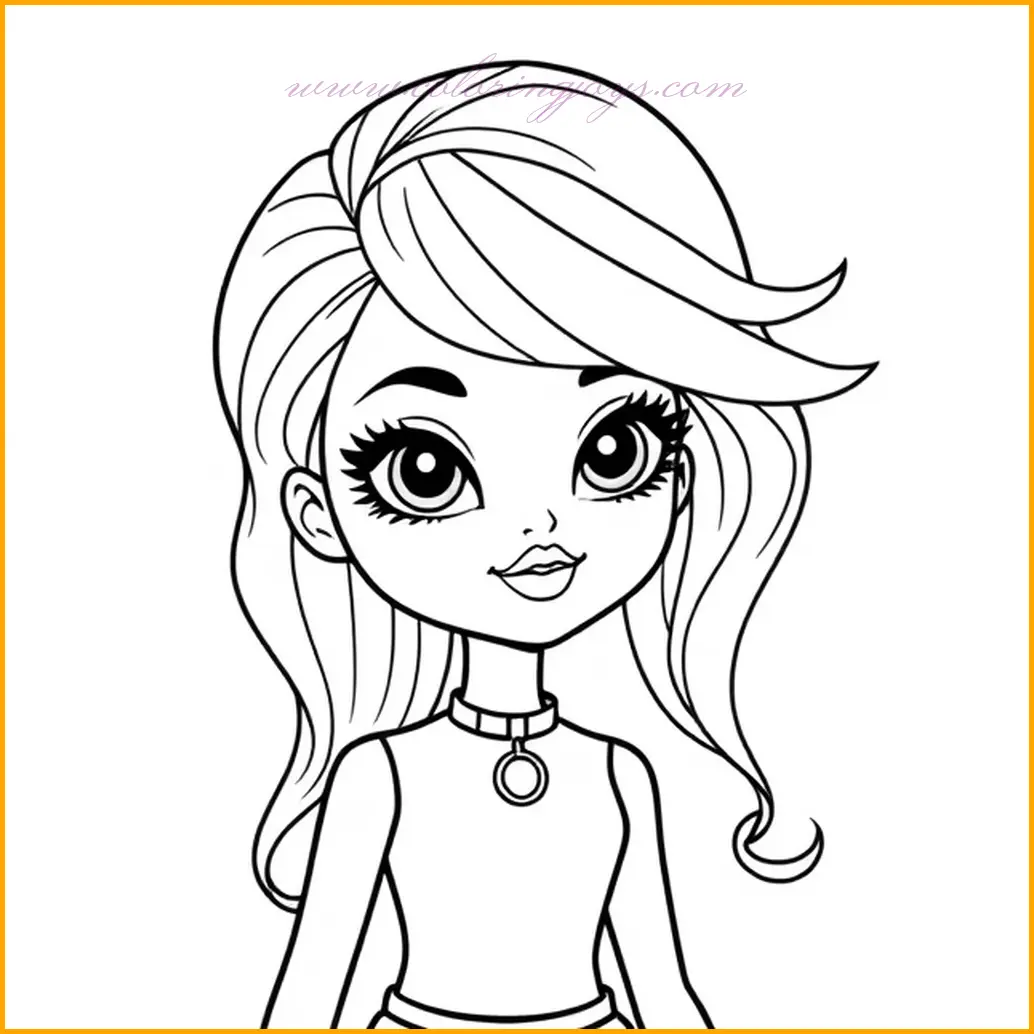 This coloring page highlights a Bratz doll with a chic and trendy hairstyle, featuring cascading locks and intricate braids. Her stylish attire enhances her overall look, with bold patterns and fashionable cuts. Experiment with hair colors such as vibrant ombre or classic tones like chestnut brown or jet black. Her outfit can be colored with a mix of bright hues and soft tones for contrast. Add a modern urban background or a stylish lounge to complete the scene. This page is ideal for fans who love hair styling and experimenting with creative color combinations.