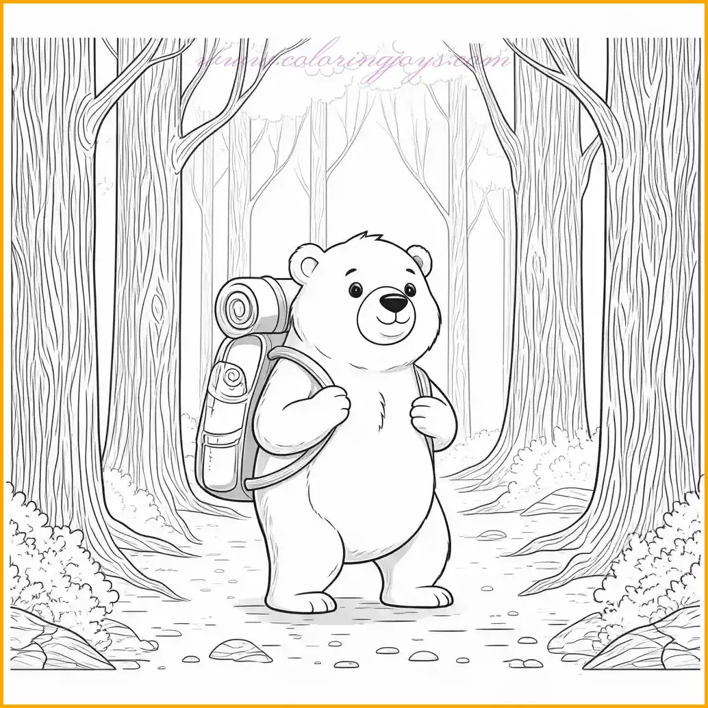 This adventurous bears coloring page shows a bear wearing a sturdy backpack, hiking along a forest trail. The scene is detailed with towering trees, a winding path, and a cheerful bear exploring nature. Use a range of browns for the bear and the backpack, and shades of green for the lush forest. The trail can be colored in earthy hues like tan and gray to complete the scene. This page is perfect for those who love outdoor adventures and creative coloring.