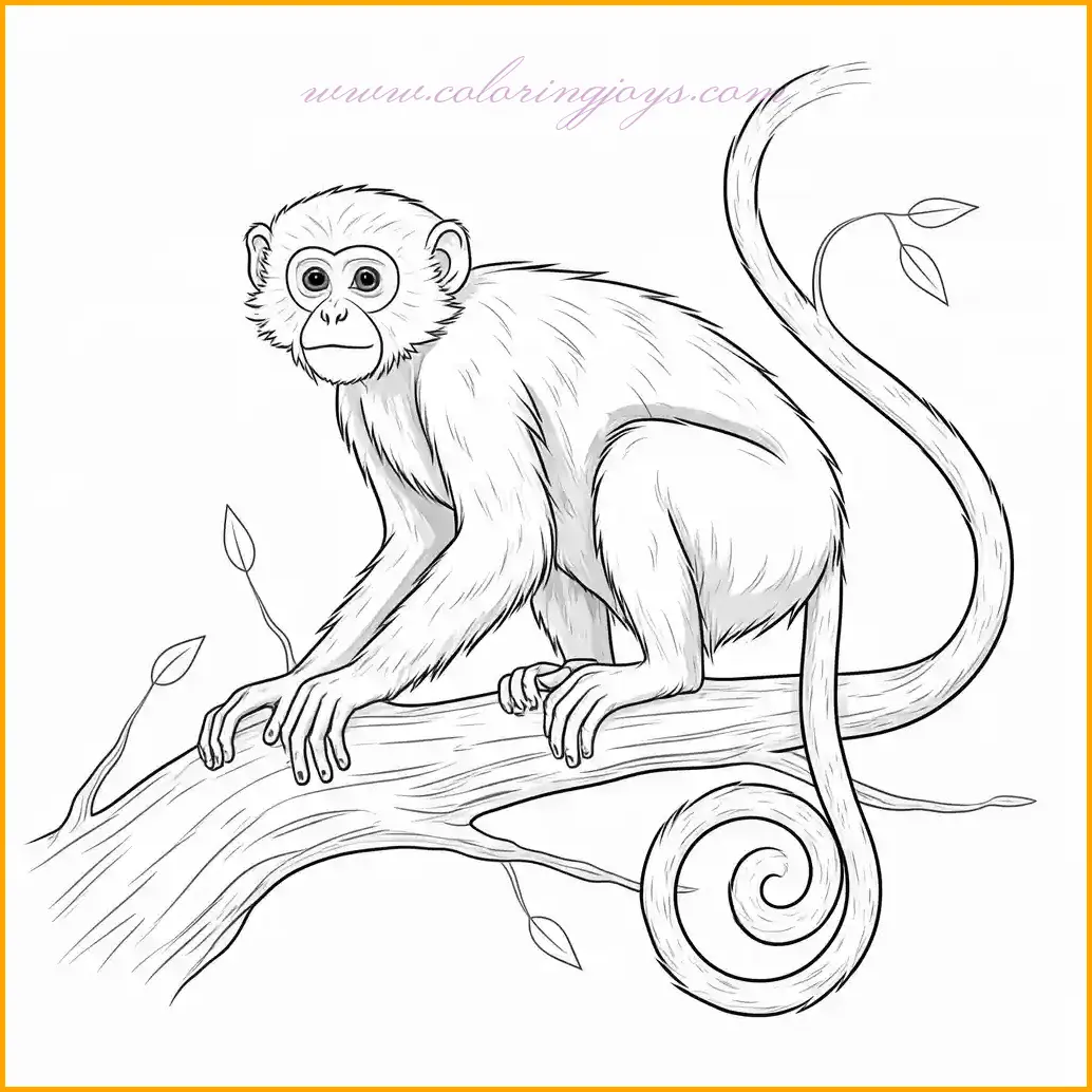 This detailed coloring page features a monkey perched on a branch with its long tail elegantly curled around it. Use dark brown for the branch, adding woodgrain textures with black or darker shades. The monkey’s fur can be a mix of medium brown with lighter tones on its face and belly. Add greenery around the branch using varying shades of green to create a lush effect. Highlight the tail with slightly darker shading to show its curled form. For the background, add a soft blue or yellow gradient for a morning jungle setting.