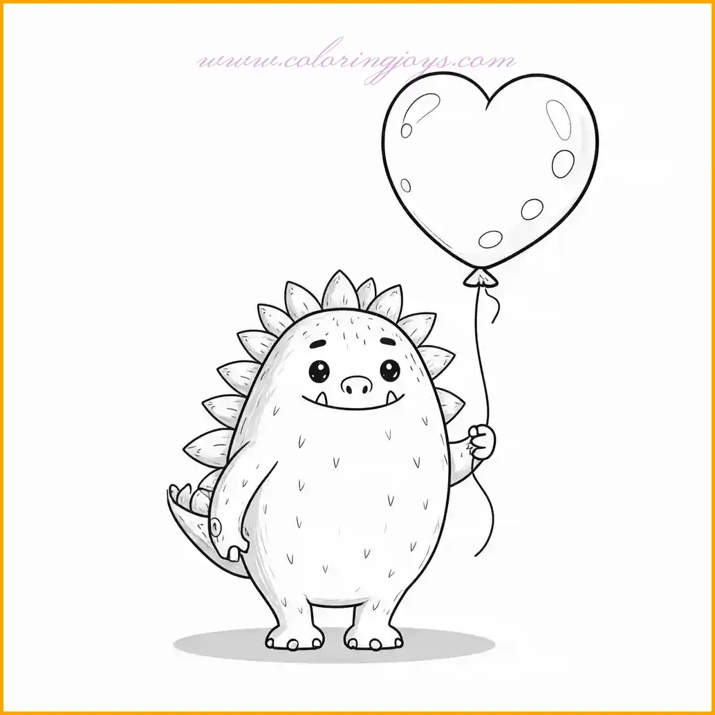 A charming monster is holding a heart-shaped balloon in this coloring page. The monster's cuddly appearance and gentle smile make it a heartwarming subject to color. Use warm tones like yellow or orange for the monster and red or pink for the balloon. Add shading to highlight the balloon’s glossy texture, and consider a sunset or romantic backdrop to complement the theme. This page is ideal for expressing love and artistic imagination.