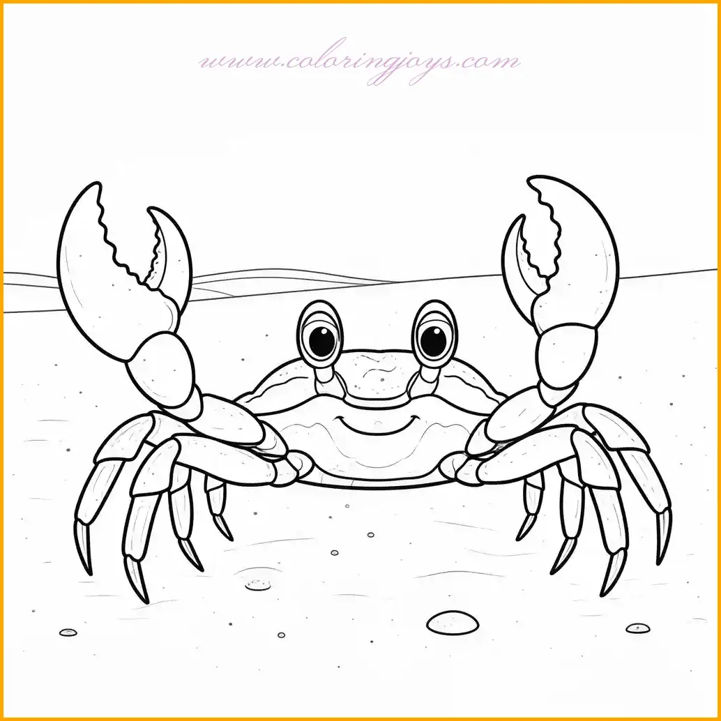 This adorable coloring page features a lively crab scuttling across the sandy beach. Use bright reds or oranges to bring the crab to life, and add expressive eyes for a whimsical touch. Surround the crab with soft golden sand, and include small details like seashells or footprints to enrich the scene. A blue sky or gentle ocean waves in the background will make the crab stand out even more. This page is perfect for kids and adults alike to enjoy a fun and creative beach activity.