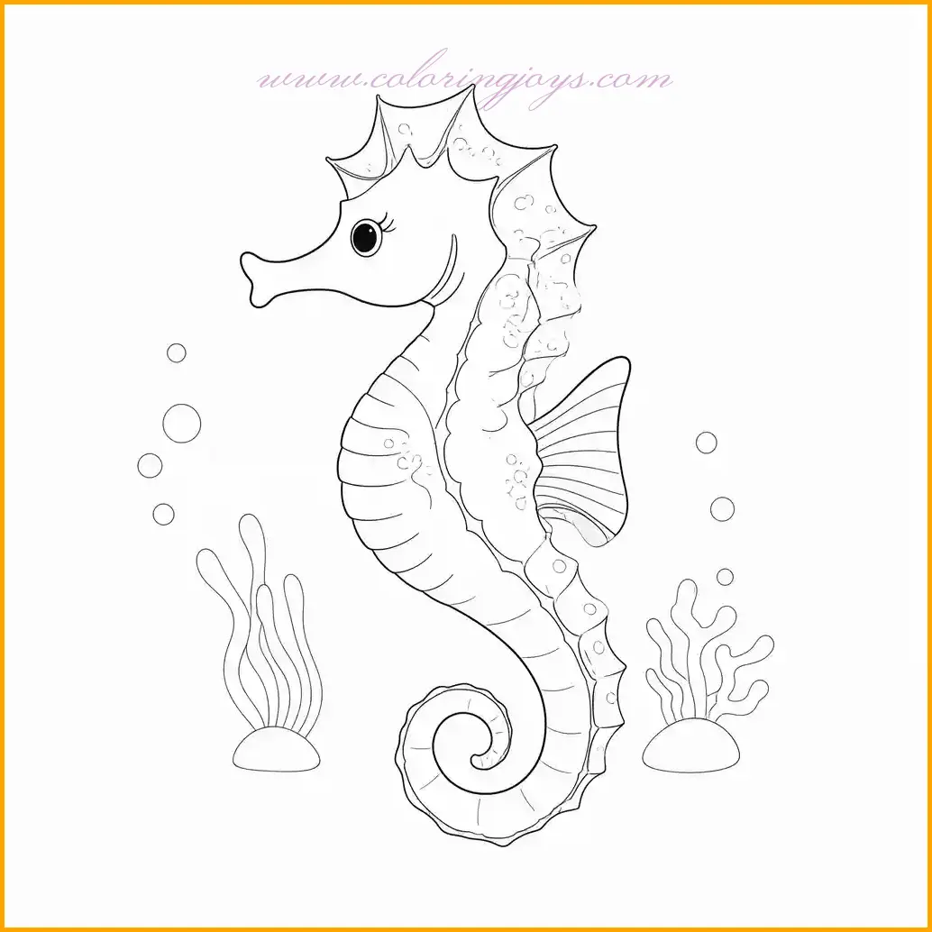 Marvel at the delicate beauty of a seahorse floating gracefully in the ocean. This detailed illustration features the seahorse’s curled tail, textured body, and intricate fin details. Use golden yellows, soft oranges, or pastel pinks to color the seahorse, and enhance its texture with subtle shading. The background can include soft blue tones, along with sea plants or bubbles for a whimsical touch. This sea creature coloring page offers a blend of tranquility and creativity, making it an excellent choice for exploring the wonder of marine life.