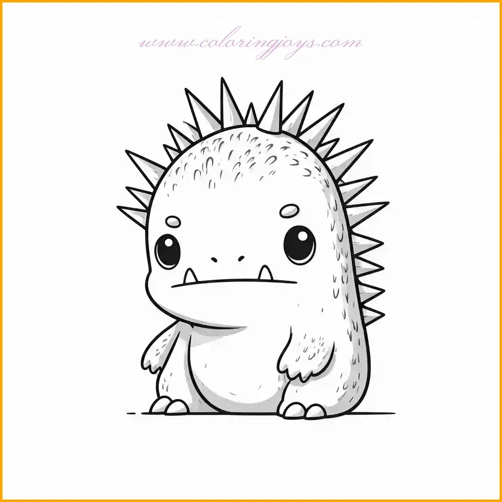 This charming monster coloring page depicts a small, spiky monster with a friendly demeanor. Its unique spiked back and tiny size make it an engaging subject for creative coloring. Use earthy tones like brown or green for the monster’s body and darker shades for its spikes to add contrast. Include a background featuring a rocky terrain or a vibrant jungle to enhance the adventurous theme. This monster coloring page is perfect for those who enjoy adding intricate details to their artwork.
