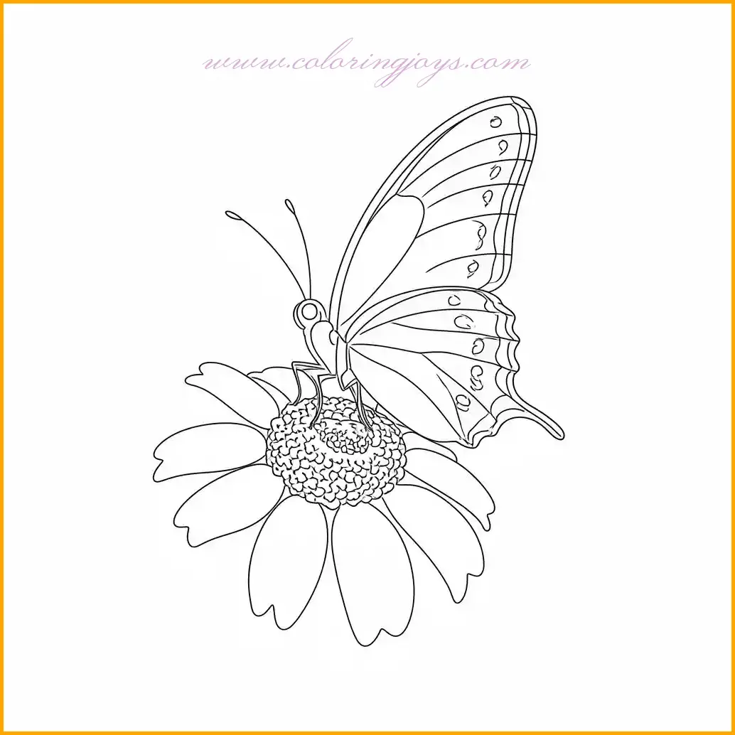 This charming coloring sheet features a butterfly resting peacefully on a flower, highlighting the gentle beauty of spring. Use vibrant colors like orange, yellow, or purple for the butterfly's wings, and soft pink or red tones for the flower's petals. Add lush green for the leaves and a subtle blue sky in the background to complete the scene. This artwork encourages creativity and celebrates the tranquility of spring.