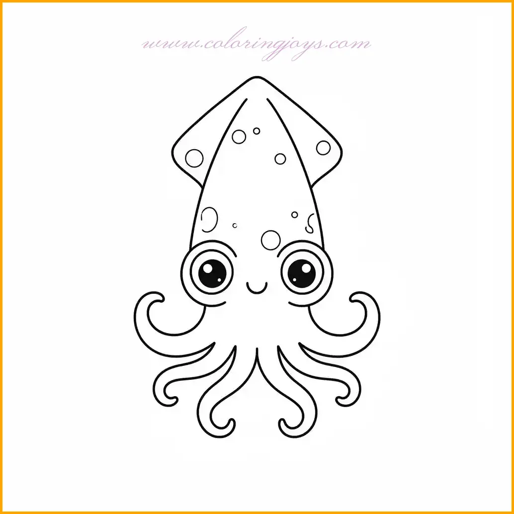 Dive into the mysterious world of the deep sea with this intriguing squid, featuring its large, expressive eyes and flowing tentacles. The squid’s elongated body and unique features make it an engaging coloring subject. Use deep reds, purples, or oranges for the squid’s body, with lighter tones for the tentacles to emphasize their texture. The background can include dark blues or blacks to represent the deep sea, with faint highlights to create a glowing effect. This sea creature coloring page is perfect for exploring the enigmatic beauty of marine life.
