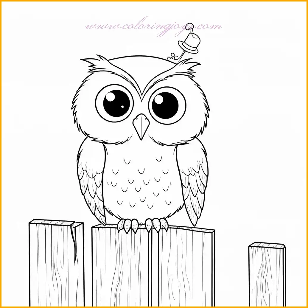 This whimsical owl coloring sheet captures an owl perched on a fence, wearing a tiny, charming hat. The owl’s feather patterns and the rustic texture of the wooden fence provide ample opportunities for intricate coloring. Use soft earth tones like brown and beige for the owl and fence, while the hat can be decorated with bold colors like red or blue. Add a soft gradient for the sky to complete the scene. This owl coloring sheet is perfect for creating a cheerful and imaginative artwork.