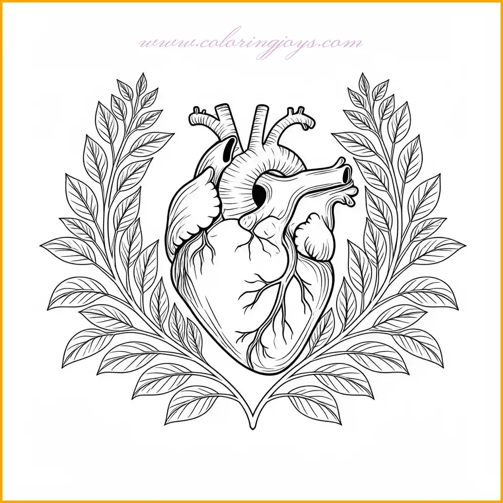 This heart coloring page showcases a beautifully designed heart encircled by swirling vines and lush leaves, symbolizing growth and affection. The intricate details provide an opportunity to use different shades of green for the leaves, while soft pastel hues for the heart create a balanced and harmonious effect. This design is perfect for those who enjoy nature-themed coloring pages and want to add a touch of elegance to their artwork.