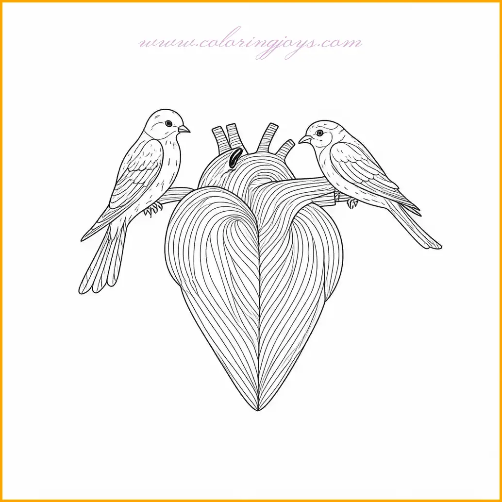 This heart coloring page features an enchanting scene with birds gracefully perched on either side of the heart, symbolizing love, peace, and companionship. The birds can be brought to life with vibrant shades of blue, yellow, or red, while the heart itself can be colored in warm tones to create a harmonious look. This design is ideal for nature lovers and those seeking a serene and meaningful coloring experience.