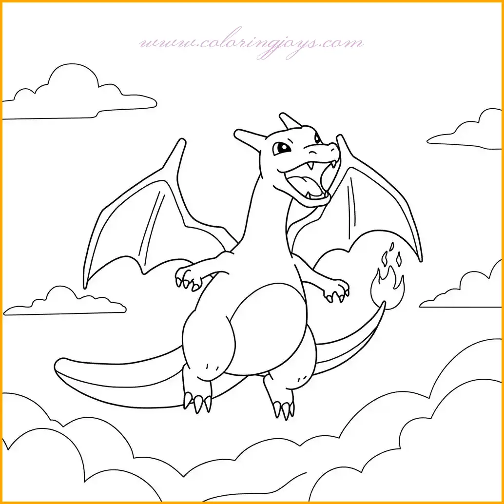 This exhilarating coloring page depicts Charizard joyfully flying high in the sky, showcasing its impressive wingspan. To bring this image to life, use a mix of deep blue and white for a bright sky, while Charizard’s wings can be shaded with blue and orange to highlight their power. Adding soft white clouds will enhance the sense of height, making Charizard look like it’s truly soaring above the world.