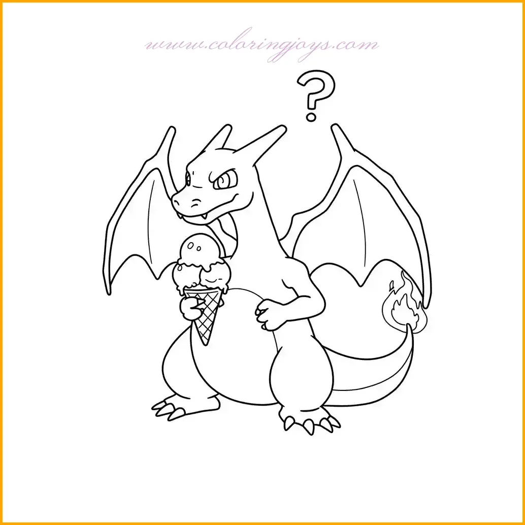 This hilarious coloring page shows Charizard holding a giant ice cream cone with a puzzled expression as it starts melting due to its own fiery presence. Charizard’s classic orange and blue color scheme will stand out against the soft pastel tones of the ice cream. You can get creative by making the ice cream scoops different colors, such as pink for strawberry, light green for mint, and brown for chocolate. The melting effect can be highlighted by shading the dripping parts with a blend of white and soft beige. To complete the scene, consider coloring the background as a sunny day with a bright blue sky and a few clouds. This coloring page is a fantastic way to practice blending soft and bold colors while having fun with Charizard’s amusing dilemma.