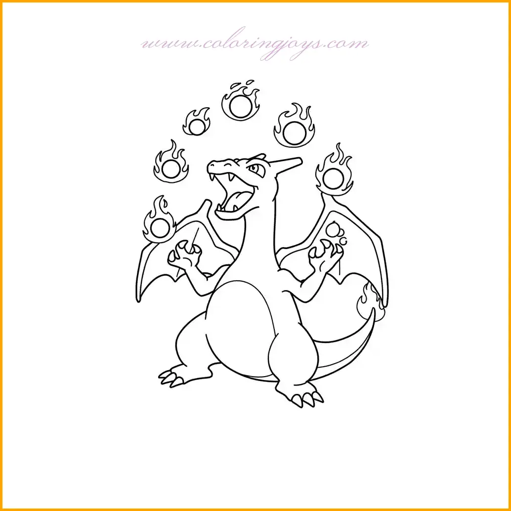 This dynamic coloring page features Charizard playfully juggling fireballs in the air with a big, goofy smile. Charizard’s orange body contrasts perfectly with the bright flames, which can be shaded with deep red at the core and lighter orange and yellow tones on the outside. The fireballs can be drawn with a glowing effect to give them a sense of motion and heat. The background can be left simple or shaded with a deep blue sky to make the fiery glow pop. Adding some motion lines around the fireballs will enhance the action-packed feel of the scene. This page is great for experimenting with shading techniques to make the fire look more realistic while having fun with Charizard’s cheerful personality.