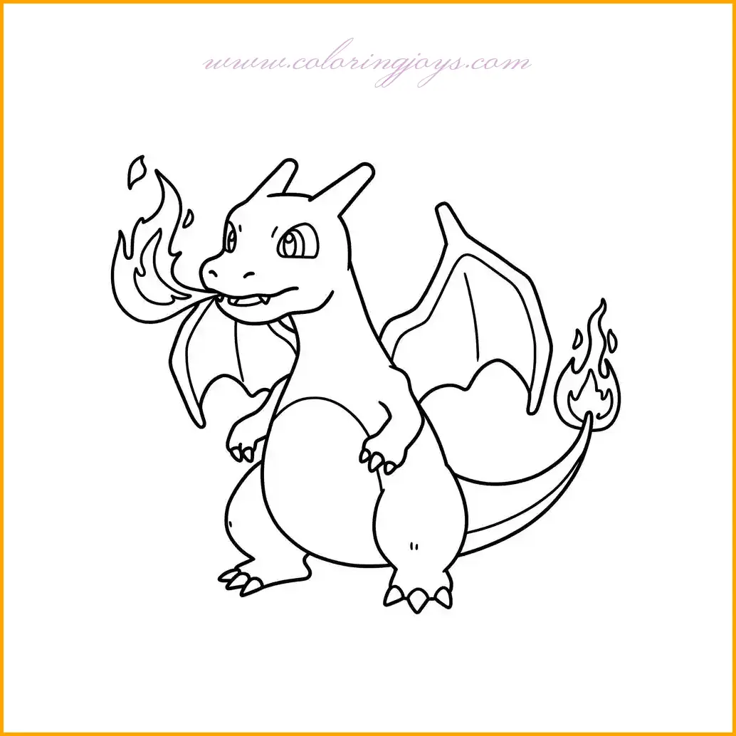 This playful coloring page captures Charizard in a moment of surprise as flames unexpectedly burst from its nose! Charizard’s shocked expression makes this a fun and expressive illustration to color. Its body can be shaded in a warm orange, while its wings can have a gradient of blue and green for a contrasting effect. The flames shooting out from its nose should have a mix of red, orange, and yellow tones, with some white highlights to make them look extra hot. The background can be kept minimal or shaded with soft hues to make Charizard stand out. This coloring page is great for practicing blending techniques and creating a sense of motion with the flowing flames.