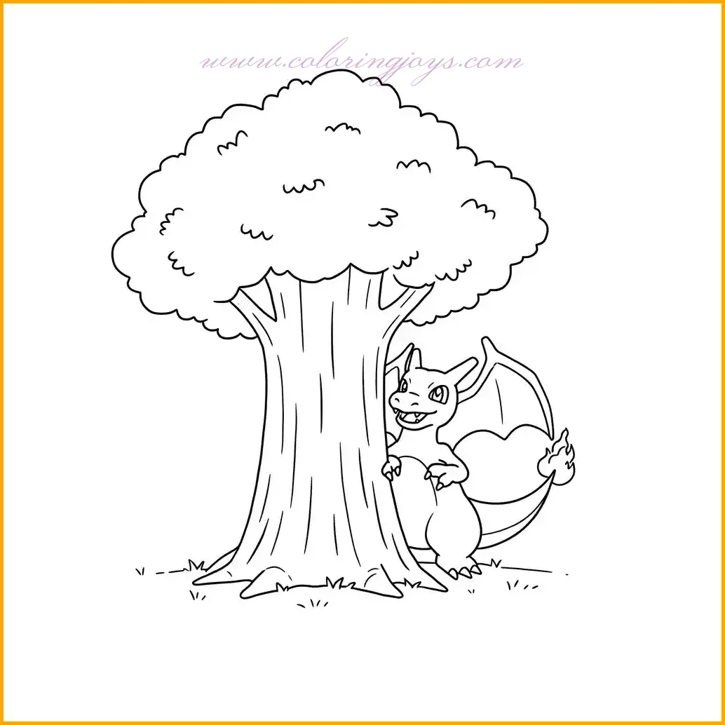 This playful coloring page captures Charizard peeking out from behind a large tree, engaging in a fun game of hide and seek. Charizard’s mischievous expression makes this scene lively and enjoyable to color. Its body should be shaded in warm orange hues, while its wings can have a soft blue or green gradient for contrast. The tree bark can be colored with rich brown tones, adding texture to the scene. The background can be completed with lush green grass, bushes, and a bright blue sky to enhance the natural setting. For added fun, you can include small details like hidden Pokémon peeking out from the bushes. This page is great for practicing shading and depth, making Charizard blend naturally into its surroundings.