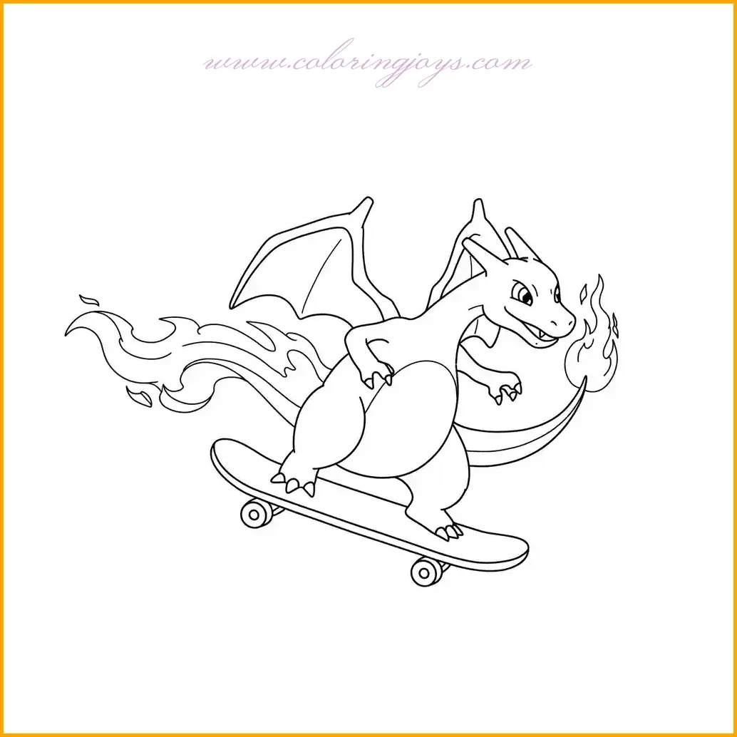 This energetic coloring page shows Charizard riding a skateboard at high speed, leaving behind a trail of flames! The scene is full of movement and excitement, making it perfect for bold and vibrant coloring. Charizard’s body should be colored in bright orange with deep shading to create a dynamic effect. Its wings can have a cool blue contrast, while the flames can be blended with red, orange, and yellow to capture the heat. The skateboard can be painted in bright colors like red, blue, or green, and the background can feature a cityscape or a skate park with fun details like ramps and rails. This coloring page is an excellent opportunity to practice action-based coloring techniques and bring Charizard’s adventurous side to life.