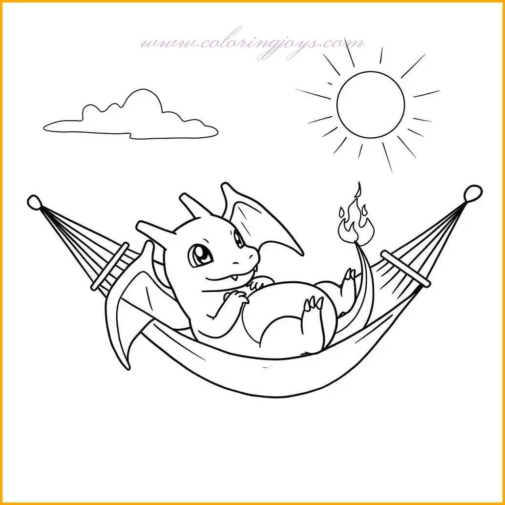 This coloring page depicts Charizard lying comfortably in a hammock, enjoying a peaceful moment under the sun. The scene has a relaxing vibe, making it perfect for soft and warm coloring tones. Charizard’s orange scales should be blended smoothly for a natural effect, while the hammock can be colored in earthy tones like beige or brown. The background can include a sunset with a mix of yellow, orange, and pink hues, creating a cozy and calming atmosphere. Adding a few palm trees or a gentle breeze effect can enhance the laid-back feel of the illustration. This page is excellent for practicing color gradients and creating a tranquil mood.