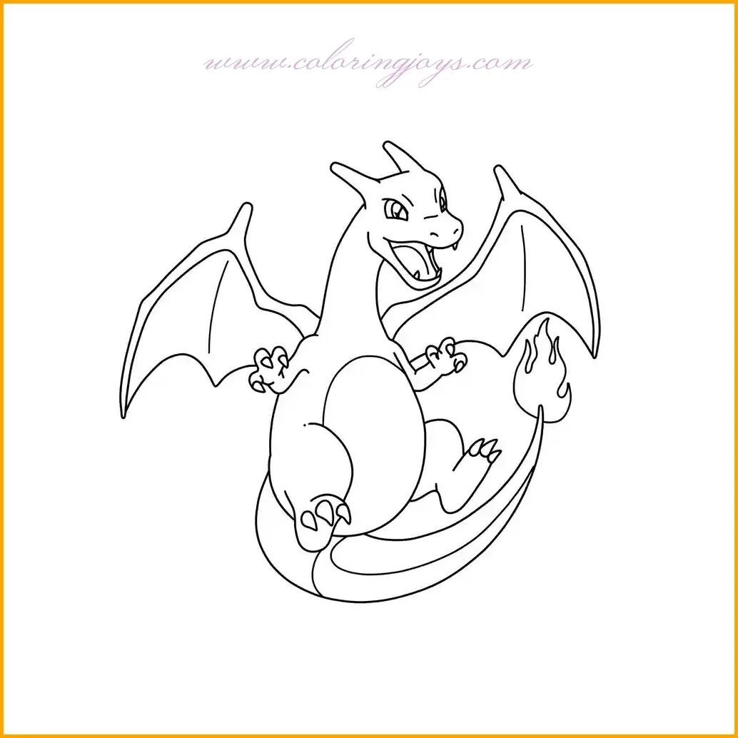 This coloring page captures Charizard in a striking pose, showing off its fiery wings with confidence. The flames emerging from its wings create a bold and dramatic effect, making this an exciting image to color. Charizard’s body should be shaded in deep orange tones, with shadows to highlight its strong form. The flames on its wings should be a mix of red, orange, and yellow, with bright highlights to emphasize their glowing effect. The background can be kept dark to make Charizard’s fiery presence stand out even more. This coloring page is great for those who enjoy coloring powerful and intense scenes, bringing out the strength and energy of Charizard.