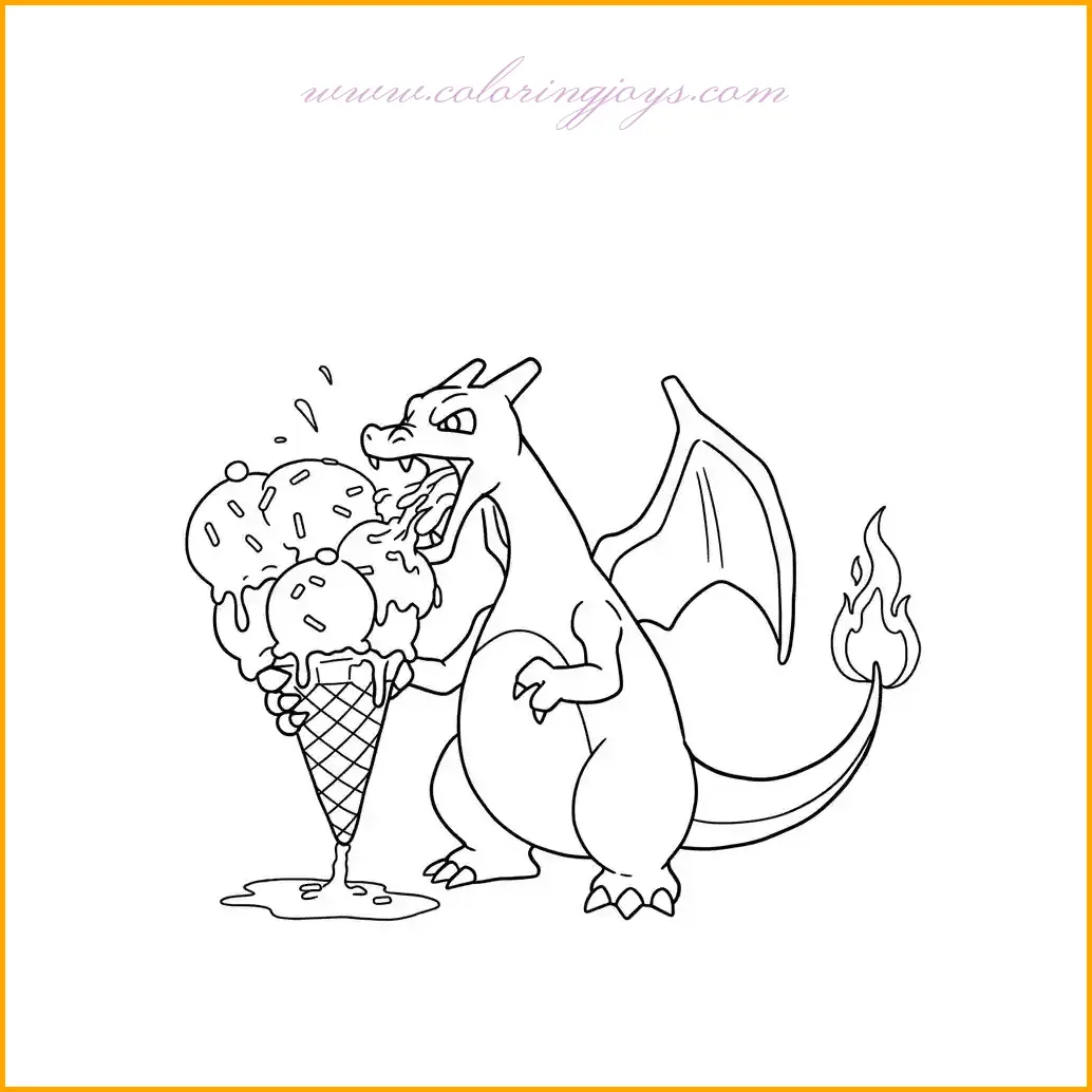 This hilarious coloring page captures Charizard’s struggle as it tries to enjoy a giant ice cream cone, only to have its fiery breath accidentally melt it! Charizard’s body should be shaded in warm orange tones, with bright highlights to emphasize its scales. The ice cream can be colored in fun pastel shades like pink, blue, and green to represent different flavors. The melting effect can be enhanced with a mix of light brown and white shading to show dripping textures. The background can feature a sunny day with a bright blue sky and a few fluffy clouds to highlight the warmth that is causing the ice cream to melt even faster. This page is great for those who love playful scenes and want to experiment with blending warm and cool colors.