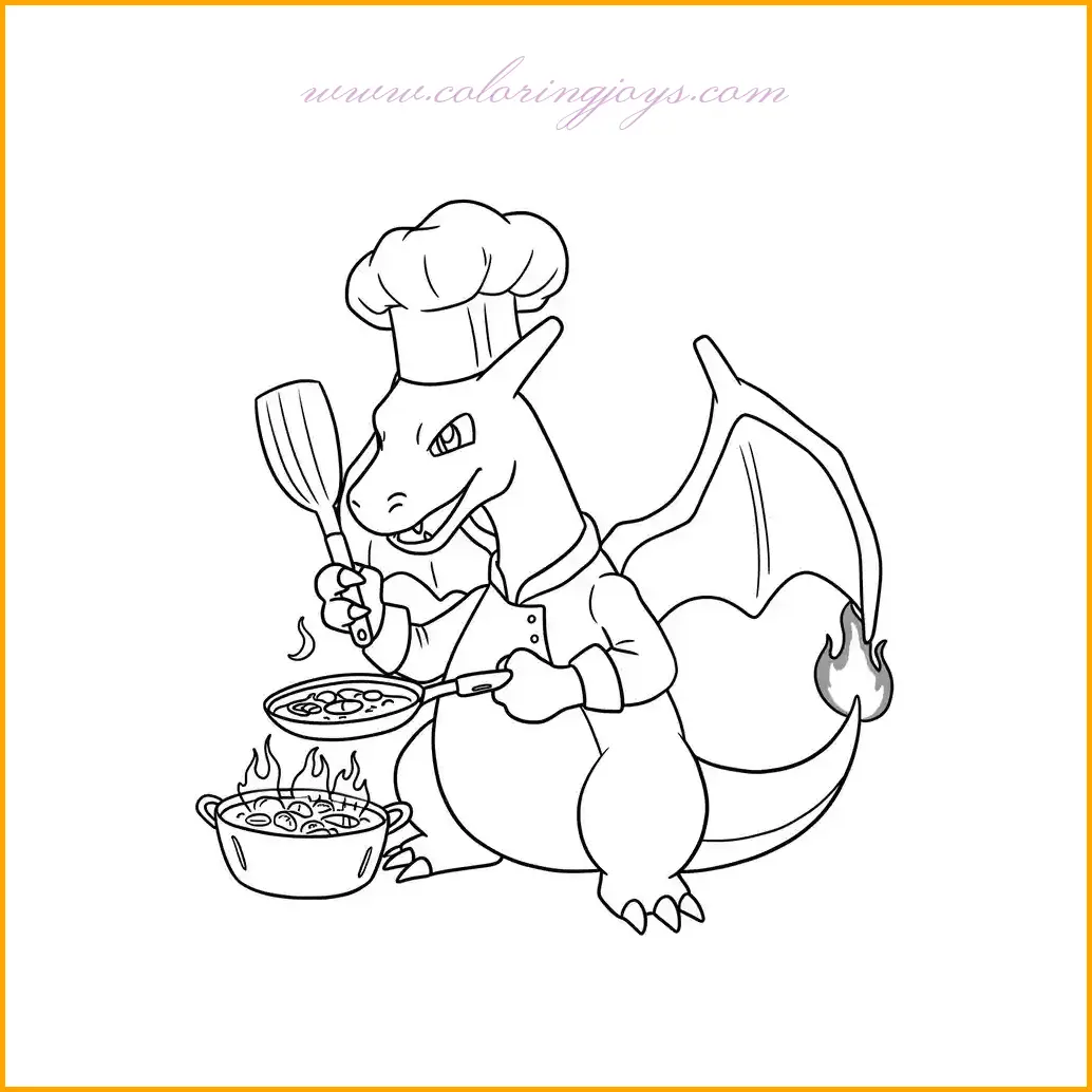 This entertaining coloring page shows Charizard in a playful role as a chef, wearing a big white chef’s hat while cooking up something extremely spicy! Charizard’s signature orange and blue color scheme can be complemented by adding bright reds and yellows to the flames coming from its mouth or the pot. The chef’s hat should be colored in soft white with light gray shading for depth. The pot can be shaded in metallic silver or dark gray, while the bubbling contents can have bright reds and oranges to hint at extreme spiciness. The background can be a cozy kitchen setting with warm brown tones for wooden counters and various kitchen tools. This page is great for fans who enjoy creative and humorous coloring scenes.