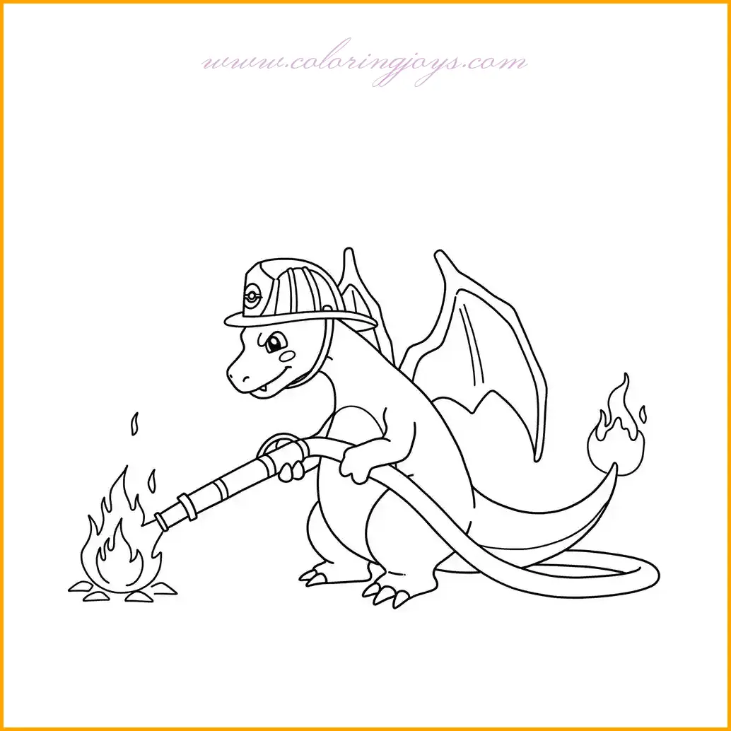 This action-packed coloring page features Charizard in a heroic role, wearing a tiny firefighter’s hat while putting out a fire. Charizard’s classic orange tones should be shaded smoothly for depth, while the firefighter hat can be colored in bright red with a yellow badge to make it stand out. The water coming from the hose can be shaded in light blue and white to create a flowing effect, contrasting against the red and orange flames. The background can depict a cityscape or a forest area where Charizard is bravely saving the day. This page is perfect for those who enjoy dynamic scenes and want to experiment with coloring elements like fire, water, and action-based effects.