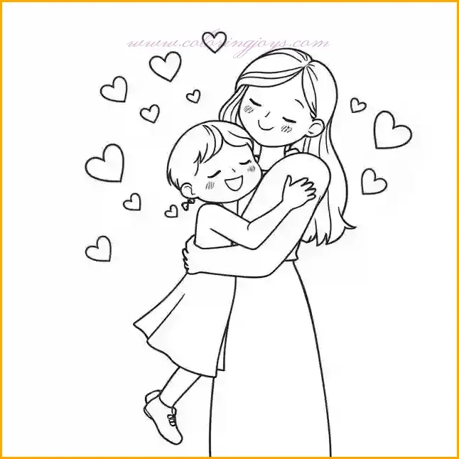This heartwarming coloring page captures a tender embrace between a little girl and her mother, surrounded by floating hearts that represent love and affection. The drawing is perfect for children to color as a special Mother’s Day surprise. The mother’s dress can be colored in soft, warm tones like lavender or peach, while the little girl’s outfit can be in bright colors like blue or yellow. The hearts in the background offer the chance to use various shades of pink, red, and purple, creating a magical and loving atmosphere. The background can be kept light with pastel shades to make the main characters stand out. Encourage children to add their own details, such as sparkles or extra decorations, to personalize their artwork.
