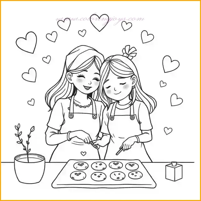 This delightful coloring page captures a heartwarming moment of a mother and daughter baking cookies together, surrounded by floating hearts symbolizing their love and joy. The scene is perfect for a Mother’s Day celebration, as it showcases bonding through shared activities. To bring this image to life, use warm tones such as soft browns and golden yellows for the cookies, making them look delicious. The mother’s apron can be colored in a pastel pink or lavender, while the daughter’s outfit can be a cheerful shade of blue or red. The kitchen background can be kept light with soft cream or beige shades to maintain a cozy atmosphere. The floating hearts can be bright red or pink, adding an extra touch of warmth and love. This coloring page is a great way for kids to express their appreciation for their mothers through a fun and creative activity.