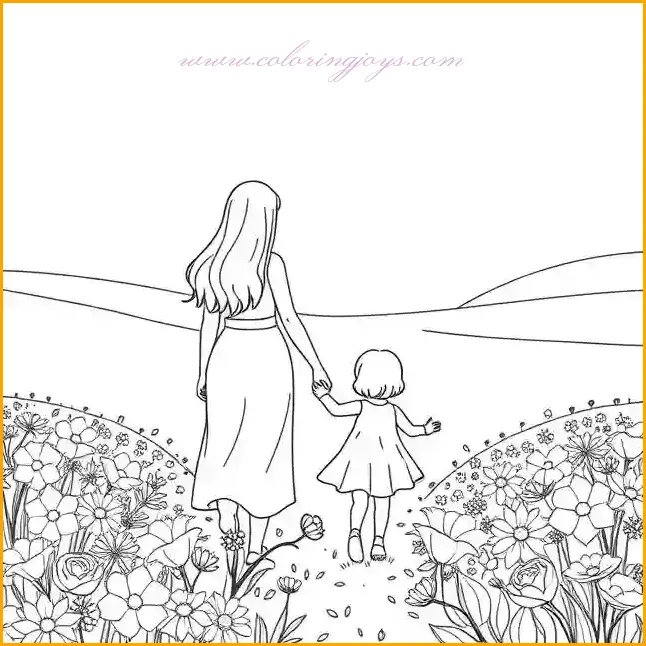 This serene coloring page depicts a mother and daughter walking hand-in-hand through a field full of blooming flowers, symbolizing love, guidance, and togetherness. The scene is rich with opportunities for creative coloring—use shades of green for the grass, while the flowers can be colored in a mix of red, pink, yellow, and purple to create a vibrant meadow. The mother’s flowing dress can be painted in soft pastel colors like lavender or peach, while the daughter’s outfit can be a cheerful hue like sky blue or bright pink. The background sky can have a light gradient of soft blues and whites, giving the scene a dreamy and peaceful effect. This coloring page beautifully represents the bond between mother and daughter, making it a perfect activity for Mother’s Day.