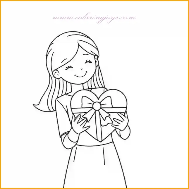 This touching coloring page features a mother holding a beautifully wrapped heart-shaped gift box, symbolizing love and appreciation on Mother’s Day. The details of the ribbon and the heart shape allow for creative coloring—use deep reds or bright pinks for the gift box, while the ribbon can be shaded in gold or silver to make it stand out. The mother’s dress can be painted in soft, warm colors like peach, rose, or pastel blue to enhance the elegance of the scene. The background can remain subtle with light pastel shades to keep the focus on the main subject. This illustration is perfect for children to color and present as a heartfelt gift to their mothers, adding a personal touch to the celebration.