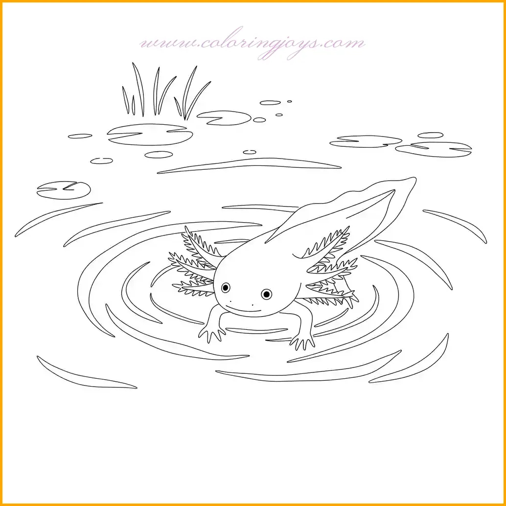 This serene coloring page captures an axolotl floating peacefully near the surface of a pond, surrounded by gentle ripples. The delicate details of its gills and smooth body make it a delightful subject for coloring. Use pastel pinks or peach tones for the axolotl’s skin, and add a soft gradient of red or orange to its gills for contrast. The water can be shaded in soft blues and turquoise, with gentle white highlights to mimic light reflections. The ripples should be a lighter shade of blue to create a realistic effect, and any floating plants can be colored in various green tones.