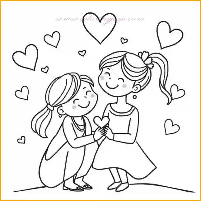 This heartfelt coloring page captures the pure joy of a mother and daughter sharing a happy moment together, surrounded by floating hearts symbolizing their love. The illustration is ideal for Mother’s Day, as it highlights the warmth of their relationship. The mother’s dress can be shaded in soft pastel colors like peach or lavender, while the daughter's outfit can be bright and cheerful, such as pink or yellow. The floating hearts can be colored in different shades of red, pink, and purple to create a magical atmosphere. The background can be lightly colored with soft pastel hues to maintain the focus on the affectionate interaction. This coloring page is a perfect activity for children to show appreciation for their mothers, allowing them to personalize the artwork with creative color choices.