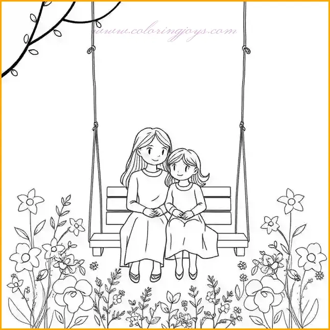 This charming coloring page captures a peaceful moment of a mother and daughter sitting together on a swing, surrounded by blooming flowers. The scene conveys warmth, love, and relaxation, making it a perfect activity for Mother’s Day. The mother’s dress can be shaded in elegant pastel tones like soft lilac or peach, while the daughter’s outfit can contrast with a bright and cheerful color such as yellow or light blue. The swing can be colored in warm wooden hues like brown and beige, and the flowers around them can be a mix of vibrant reds, pinks, yellows, and purples to create a lively garden atmosphere. The background sky can be softly shaded in light blue or pastel pink for a dreamy effect. This coloring page offers children an opportunity to express their creativity while celebrating the love between mother and child.