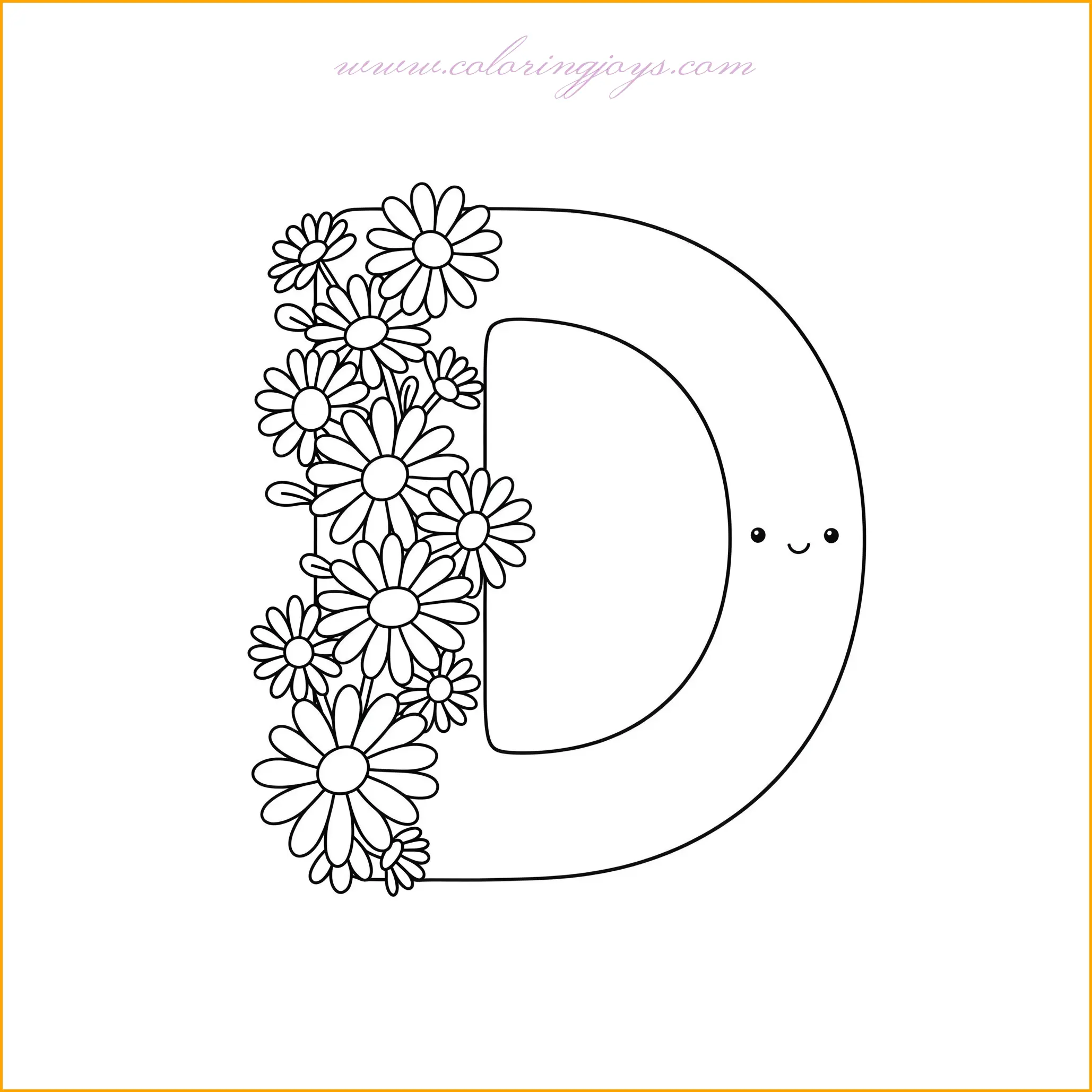 The letter D is beautifully adorned with delicate daisies, their soft petals gently wrapping around the curves of the letter. The flowers vary in size, some blooming fully while others are just beginning to open, creating a natural and harmonious arrangement. Tiny leaves and vines weave through the letter, making it feel like part of a peaceful garden. To make this coloring page come to life, use bright white for the daisy petals with a golden yellow center. The leaves and vines should be in various shades of green for depth and contrast. A soft pastel blue or light pink background will enhance the floral theme, making the letter D stand out as a charming, nature-inspired design.