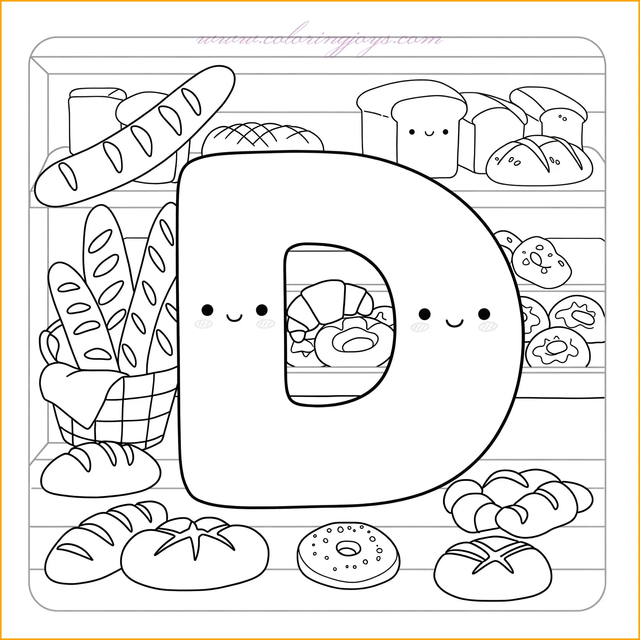 This warm and inviting illustration places the letter D inside a cozy bakery, surrounded by freshly baked bread, croissants, and pastries. The shelves are stacked with warm, golden-brown loaves, and a tiny rolling pin and bag of flour sit nearby. The whole scene feels warm and full of the comforting aroma of baked goods. To bring this coloring page to life, use rich golden tones for the bread, warm brown for the wooden shelves, and soft beige for the bakery walls. The pastries can have small details like icing or fruit toppings in bright red or pink for a delicious touch. A warm yellow light in the background will complete the cozy bakery ambiance.