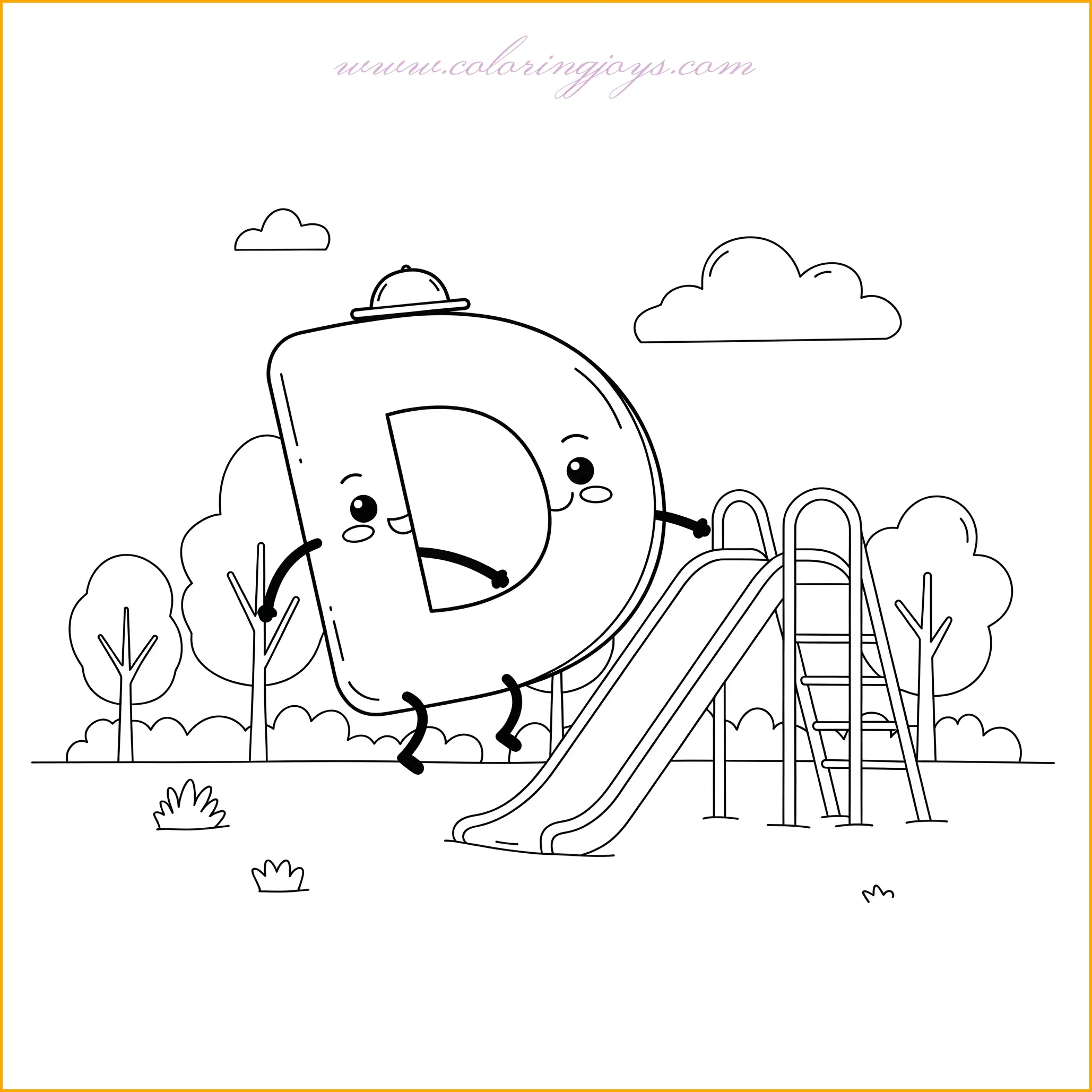 The letter D is placed in the middle of a joyful playground scene, surrounded by swings, a slide, and a seesaw. A few children can be seen running around, having fun under a bright, sunny sky. The slide wraps playfully around the letter, creating a dynamic composition full of energy and movement. To color this lively scene, use warm yellows and oranges for the playground equipment, deep greens for the grass, and a bright blue for the sky. The children's clothes can be a mix of different cheerful colors to make the whole picture feel vibrant and happy.