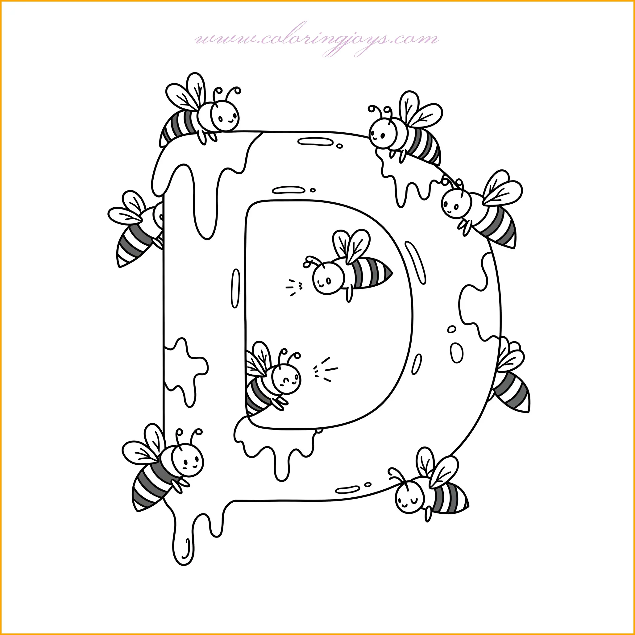 The letter D is surrounded by a busy and cheerful scene of buzzing bees collecting nectar from nearby flowers. A dripping honeycomb hangs over one side of the letter, with golden honey flowing down, creating a sweet and inviting atmosphere. The tiny bees flutter around happily, their delicate wings adding motion to the image. For a warm and vibrant effect, use bright yellows and golds for the honey, deep black and yellow for the bees, and soft greens and purples for the surrounding flowers. A light sky-blue background will make the scene feel bright and lively.