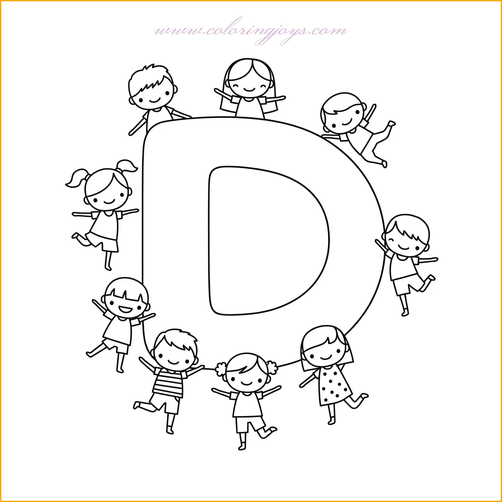 A group of happy children joyfully dance around the letter D, their hands raised in the air as they move to an imaginary beat. Each child has a unique outfit and hairstyle, making the scene feel diverse and full of life. Some children hold tambourines or small drums, adding a musical element to the celebration. To capture the excitement of this design, use a mix of bright and cheerful colors for the children’s clothes, adding different patterns and designs for variety. The background can be a simple outdoor park or a festive party setting with colorful decorations.